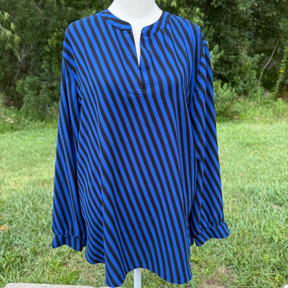 Anne Klein Striped Blouse Minimalist Dark Academia Women Large Blue Black